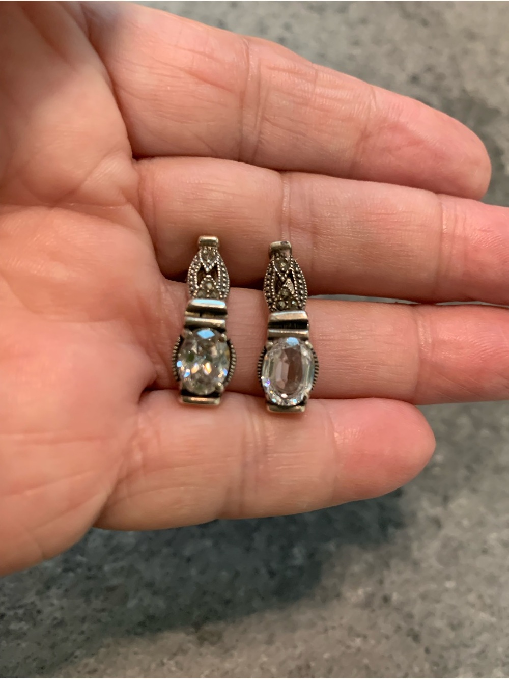 Vintage Sterling Silver Art Deco Marcasite and CZ Post Pierced Earrings - Picture 2 of 13